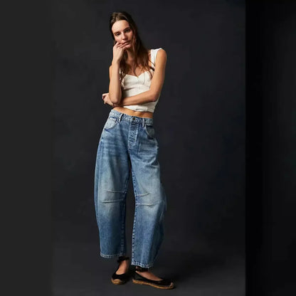 🍒Los middellyf Jeans gebleikte denimstyl vol lengte broeke mode soliede kleur broeke met sakke gemaklike drag vir vroue Barrels Of Style