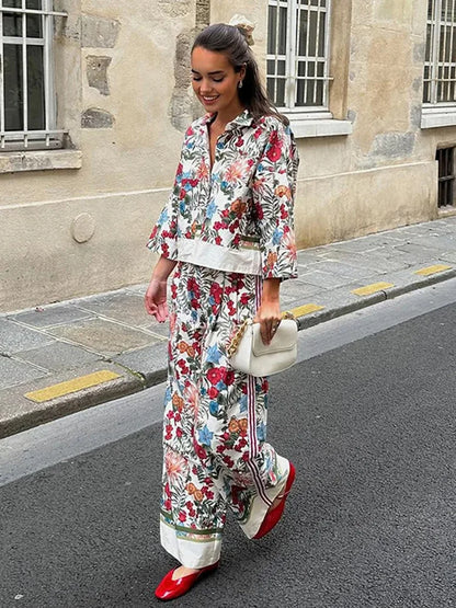 🍒Smart casual trouser sets bohemian style long sleeve crop top jacket short shirt for women and high waisted wide leg pants