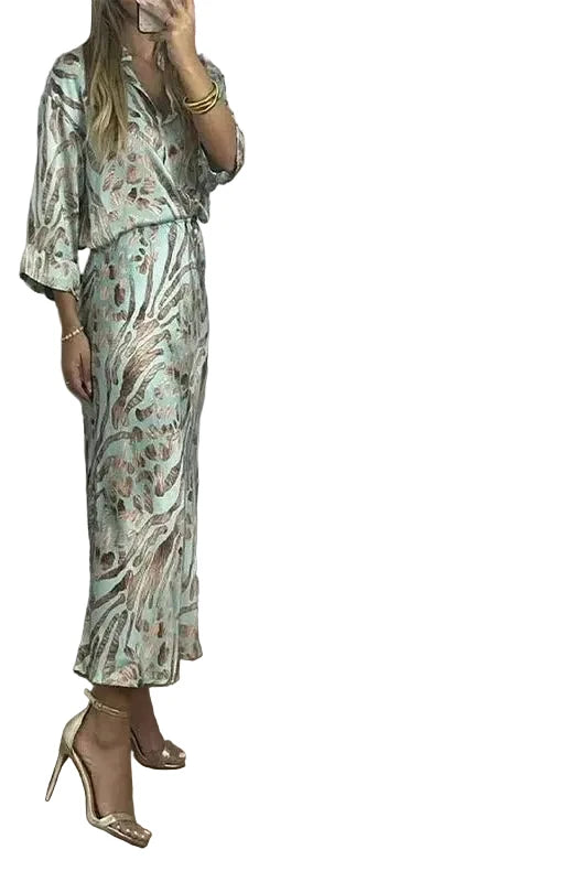 🍒Party two piece printed shirt and skirt set v-neck three quarter sleeve shirts for women high waist skirts for women two piece evening outfits female occasion clothing