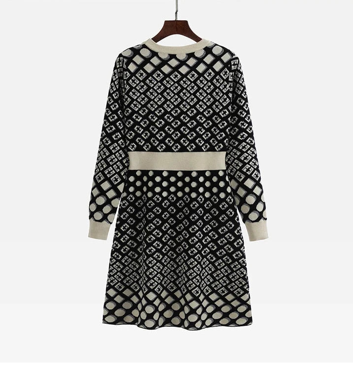 🍒Vintage knitted dress long sleeve mini o-neck spring/autumn Jacquard a-line outfits slim fit smart casual womens clothing breathable viscose Value Vintage