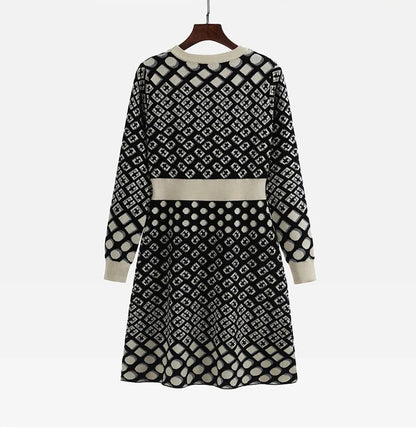 🍒Vintage knitted dress long sleeve mini o-neck spring/autumn Jacquard a-line outfits slim fit smart casual womens clothing breathable viscose Value Vintage