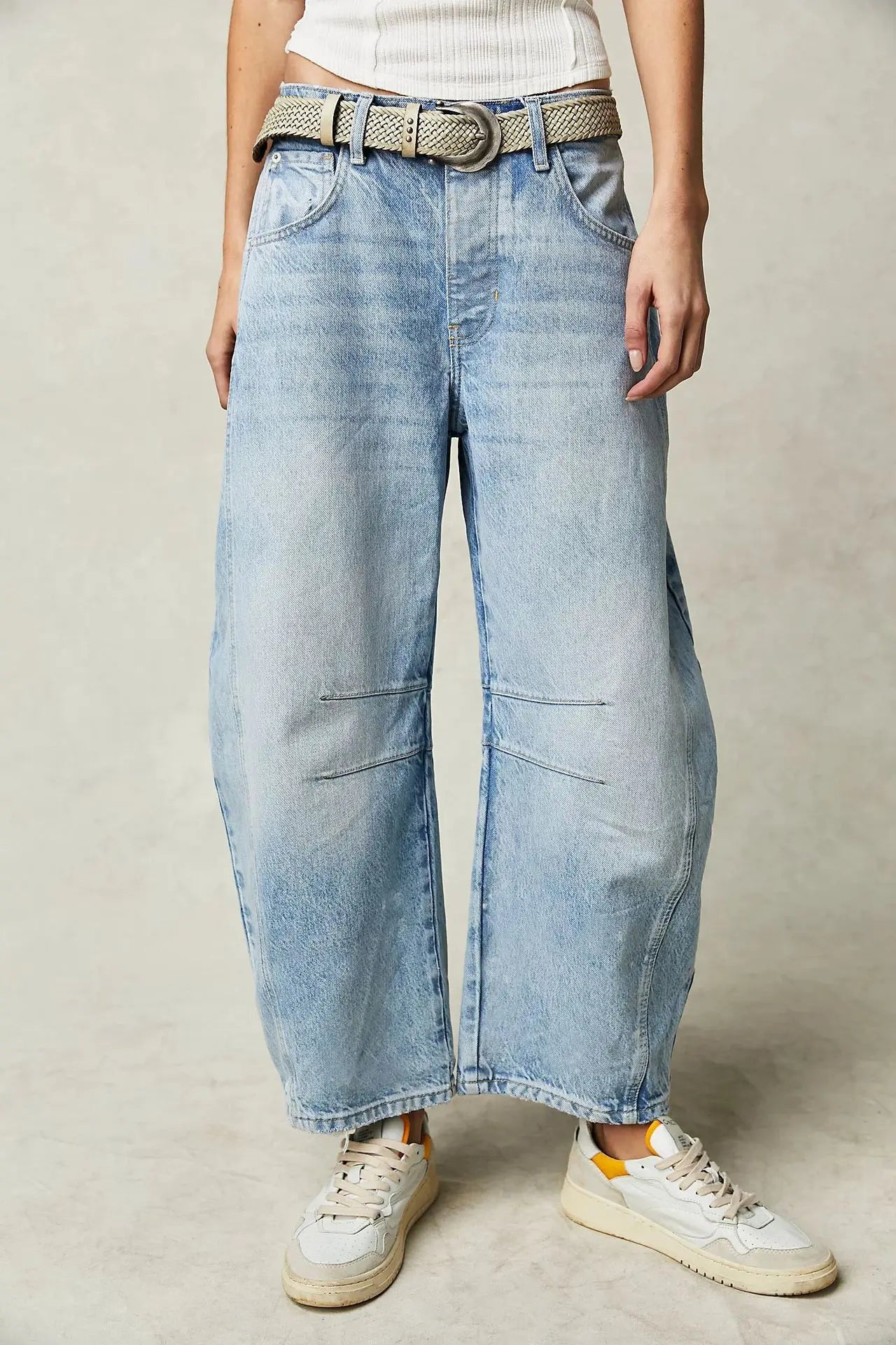 🍒Los middellyf Jeans gebleikte denimstyl vol lengte broeke mode soliede kleur broeke met sakke gemaklike drag vir vroue Barrels Of Style