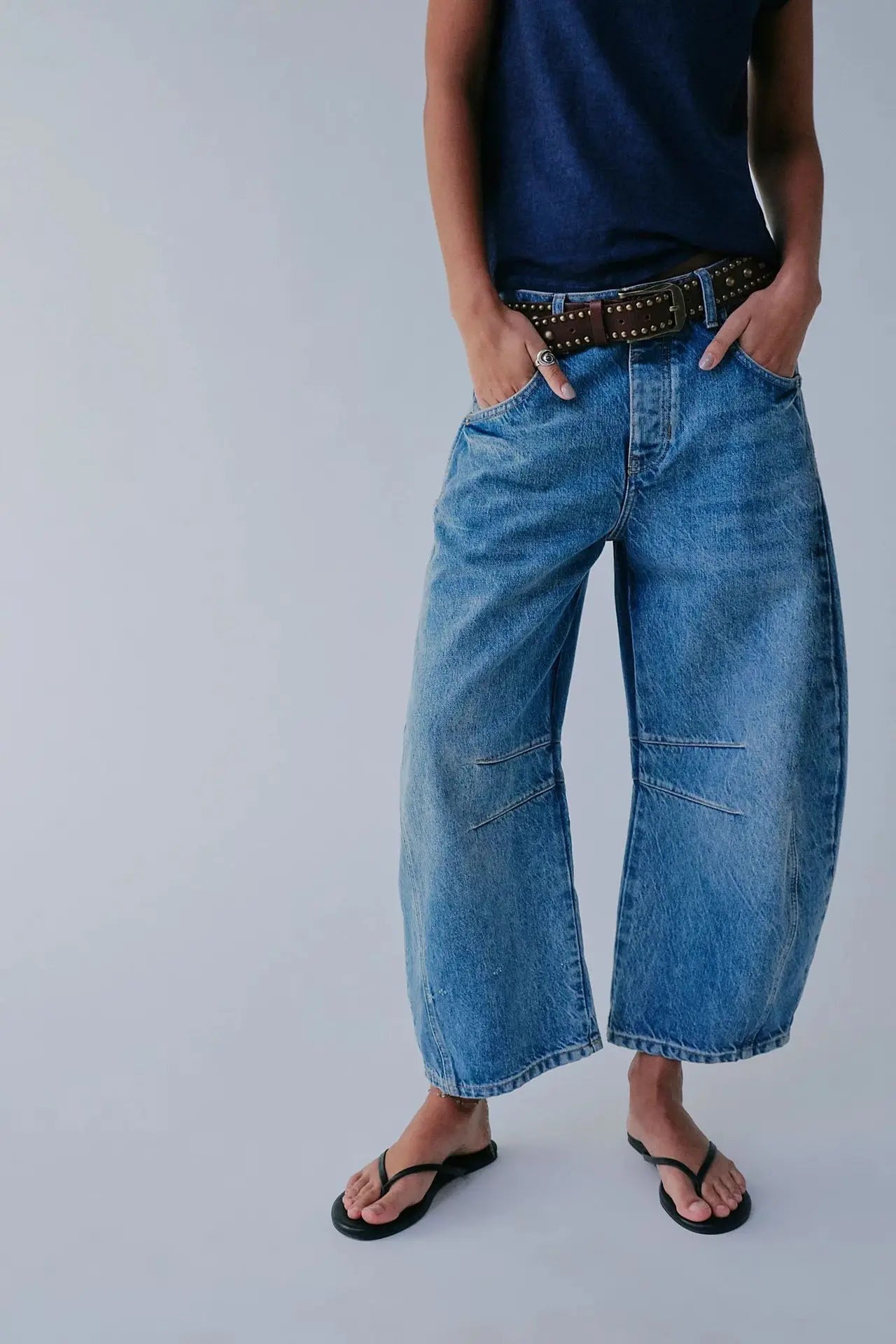 🍒Los middellyf Jeans gebleikte denimstyl vol lengte broeke mode soliede kleur broeke met sakke gemaklike drag vir vroue Barrels Of Style
