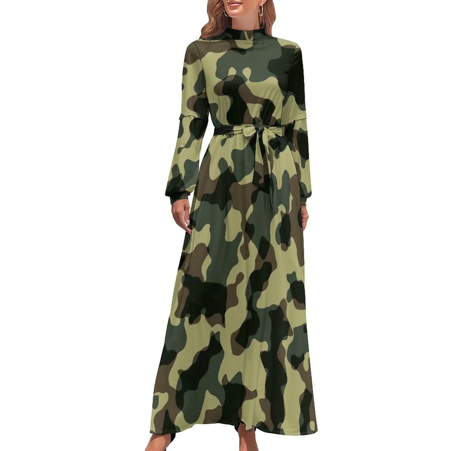 🍒Militêre kamoefleerrok hoë middellyf uitrusting boheemse sjiek langmou maxi stylvolle slim gemaklike klere vroue Camodel Camo