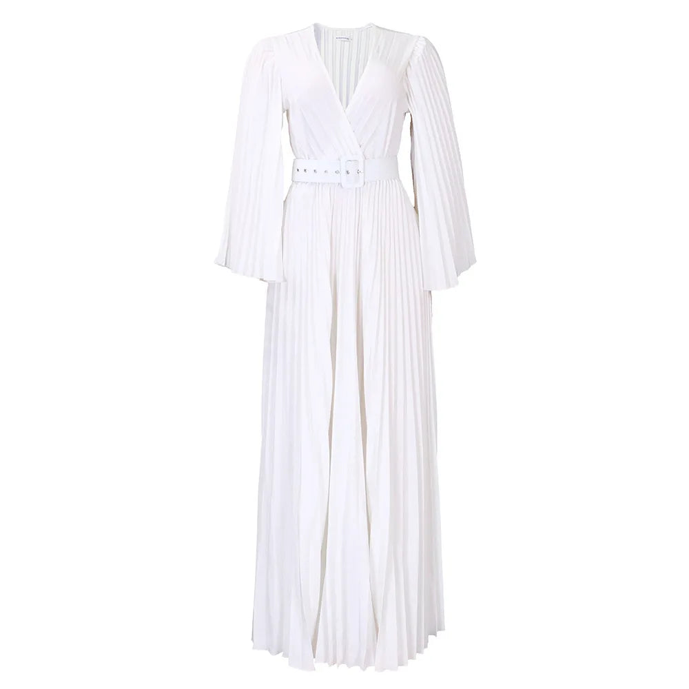 🍒 Aandete partytjie rok V-nek ontwerp geplooide vroue mode drag elegante maxi uitrusting met gordel langmou mode geleentheid drag partytjie drag Heeltemal Uitgeplooide Affêre