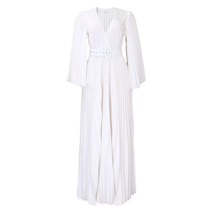 🍒 Aandete partytjie rok V-nek ontwerp geplooide vroue mode drag elegante maxi uitrusting met gordel langmou mode geleentheid drag partytjie drag Heeltemal Uitgeplooide Affêre