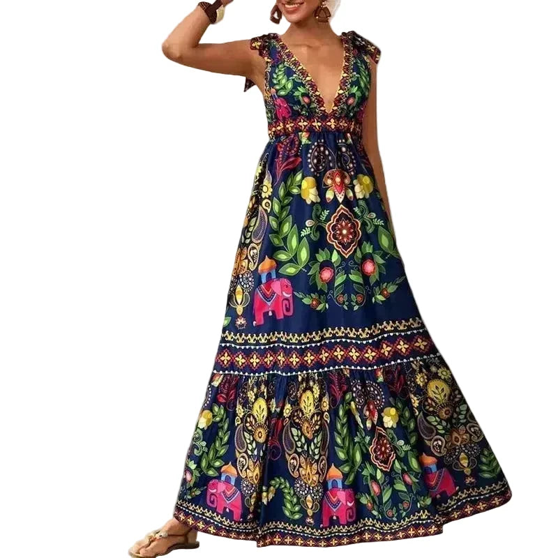 🍒Print moulose uitrusting swaairok v-nek vroue maxi hoë middellyf mode vakansies somerdrag stranddrag Shore Thang