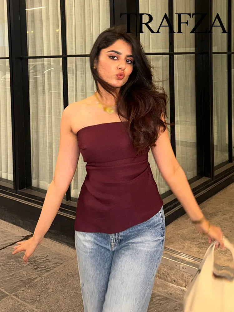 🍒Women's asymetric top pleated shoulderless tops without sleeveless fashion for women zipper smart casual clothing bandeau Get Your Chop Top