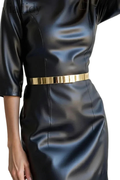 🍒Kunsleer minirok, ronde nek ontwerpe, driekwartmou-uitrusting, swart partytjie, vroue, soliede kleur klere, mode, bodycon, klubdrag, geleentheidsdrag, Leer-voorkoms