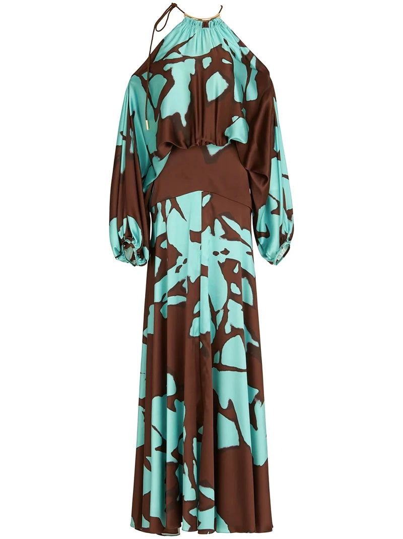 🍒Elegant evening dresses vacation style outfits printed off shoulder with slits party evening wear fashion clothing for women Look Sound In Aqa Brown Gown