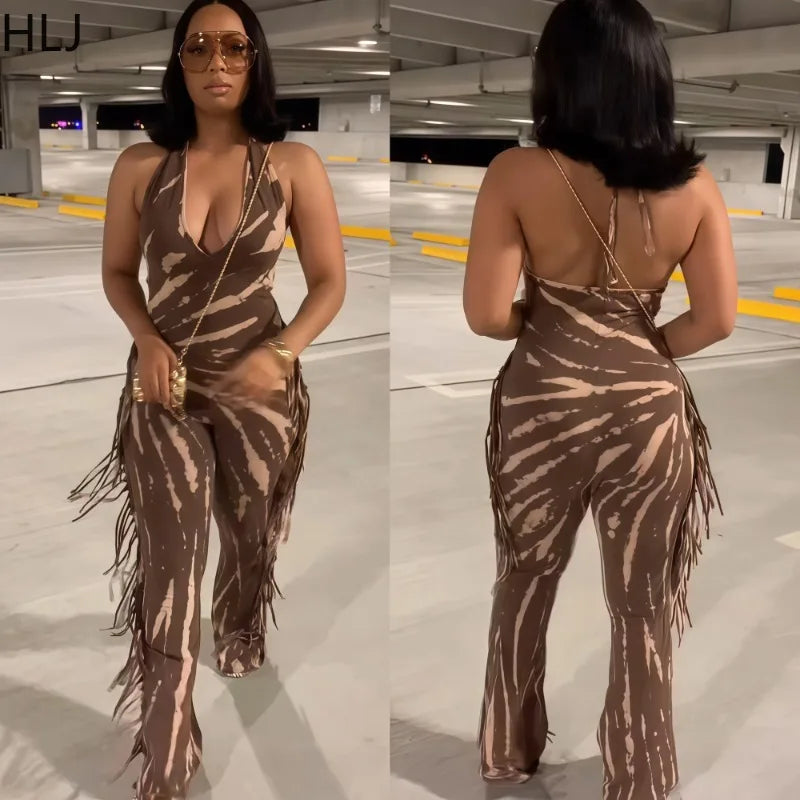 🍒 Bodycon Jumpsuit met kwassies vir vroue, halter-uitrusting, ruglose skraal lang rompers vir vroue, vroue se klubdrag, partytjiedrag, mode. Bederf Jouself Met 'n Sjokoladewervel