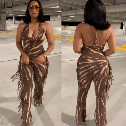 🍒 Bodycon Jumpsuit met kwassies vir vroue, halter-uitrusting, ruglose skraal lang rompers vir vroue, vroue se klubdrag, partytjiedrag, mode. Bederf Jouself Met 'n Sjokoladewervel