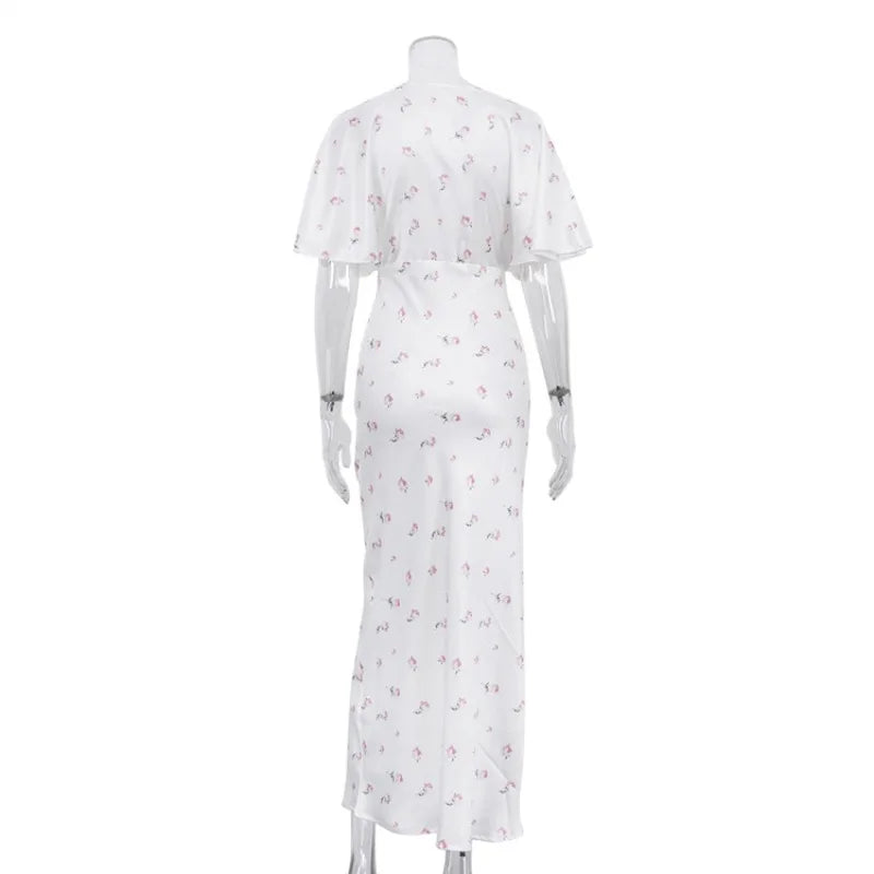 🍒Wit blomme satyn maxi rok vir vroue gemaklik of geleentheid trougas strandvakansie uitrusting blomme gedrukte V-nek rok vroue mode skraal pasmiddellyf kort vlindermou lang somerdrag met kort moue hoë middellyf oulike gemaklike geleentheid