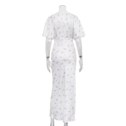 🍒Wit blomme satyn maxi rok vir vroue gemaklik of geleentheid trougas strandvakansie uitrusting blomme gedrukte V-nek rok vroue mode skraal pasmiddellyf kort vlindermou lang somerdrag met kort moue hoë middellyf oulike gemaklike geleentheid