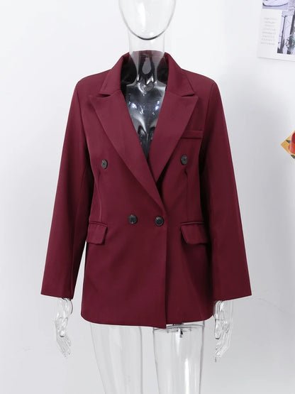 🍒Wine red blazer women's double breasted Jacket elegant suit coat female lapel long sleeveb outerwear officewear solid-fashion Its Time For Wine
