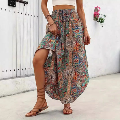 🍒Boho vintage romp a-lyn midi blommetjie-druk klere mode drag vir vroue somer drag Hoë middellyf Geplooide elastiese middellyf Lang Romp gemaklike vakansie drag Kry 'n Chiffon en Kry 'n Chevron