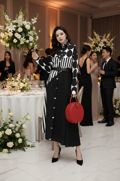 🍒Long sleeve loose fit shirt dress plus size woman black outfit with Dots striped fashion printed large smart casual dresses Spot The Stripes
