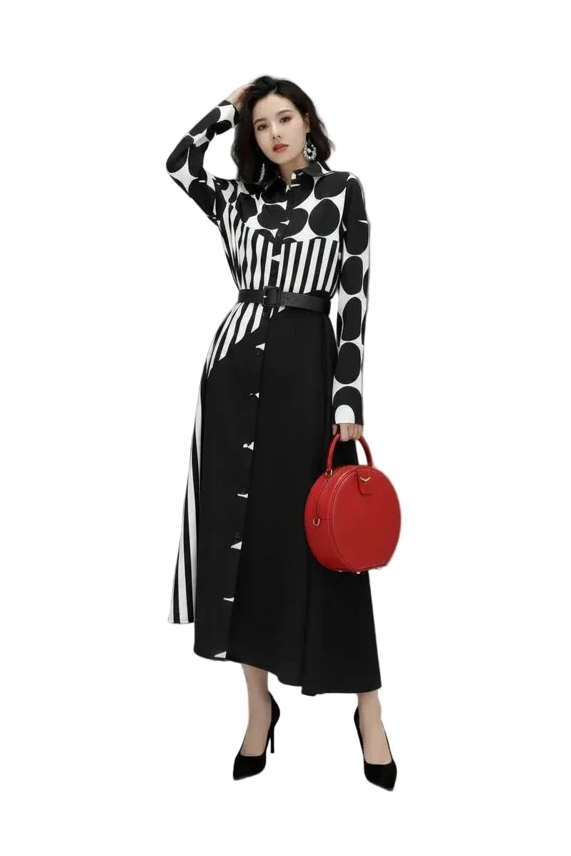 🍒Long sleeve loose fit shirt dress plus size woman black outfit with Dots striped fashion printed large smart casual dresses Spot The Stripes
