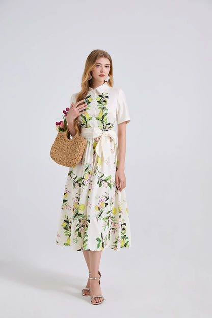 🍒Mode midi-rokhemp somer vroue boheemse kortmou blomme uitrusting suurlemoen-afdruk sonrok met gordel elegante lang rok slim gemaklike klere