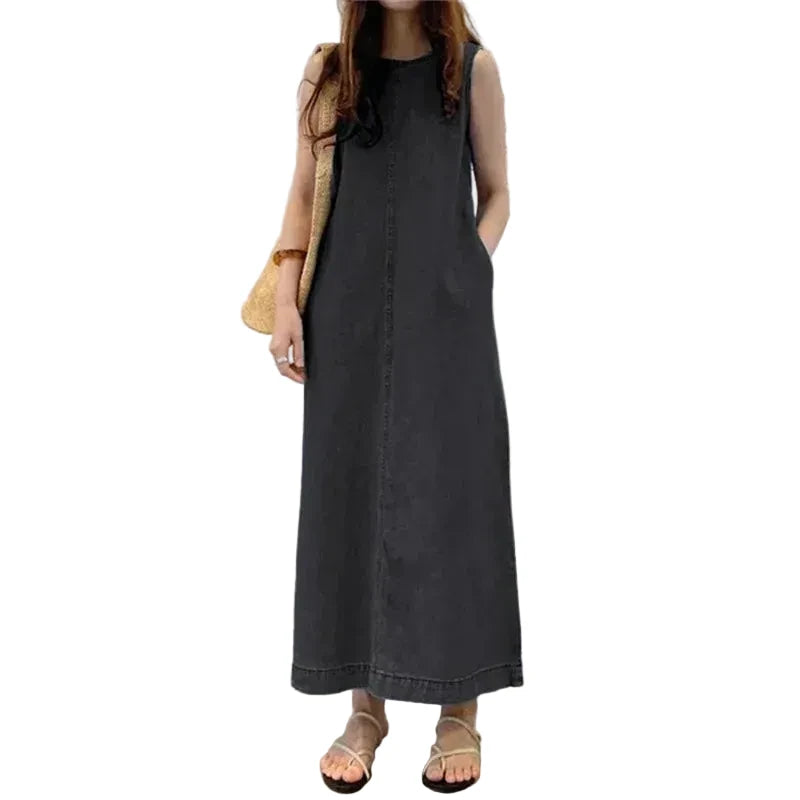 🍒Sleeveless denim long dress for women fashion round neck denim maxi dress outfit a-line with pockets casual wear loose summer clothing