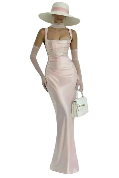 🍒Satin backless sleeveless long dress satin maxi outfits for women spaghetti straps lace-up back bodycon club wear party occasion clothing  Kool kiwi
