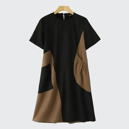 🍒Street style fashion dress t-shirt style short sleeve round neck outfit smart casual women's patchwork and pocket summer wear Patch Up Your Fashion And pocket the Change