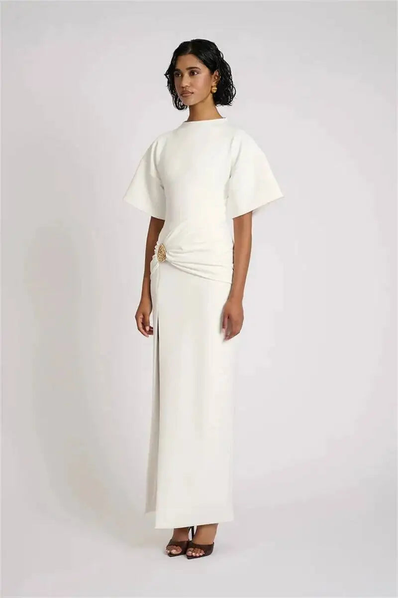 🍒Short sleeve maxi dress  ruched outfit brown women side split occasion dress with belt metal fashion o-neck club party wear occasion white long dresses Paint The Town Red In Brown