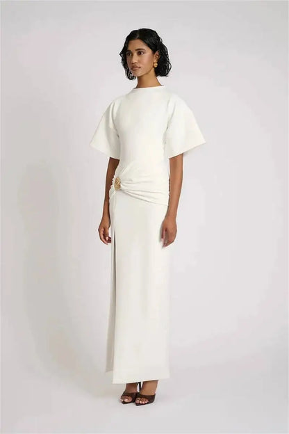 🍒Short sleeve maxi dress  ruched outfit brown women side split occasion dress with belt metal fashion o-neck club party wear occasion white long dresses Paint The Town Red In Brown