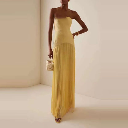 🍒Sleeveless bodice dress shoulderless tube top maxi dress high waist chic pure party gown dress fashion pleated draped long Dress Swoon In A Half Moon
