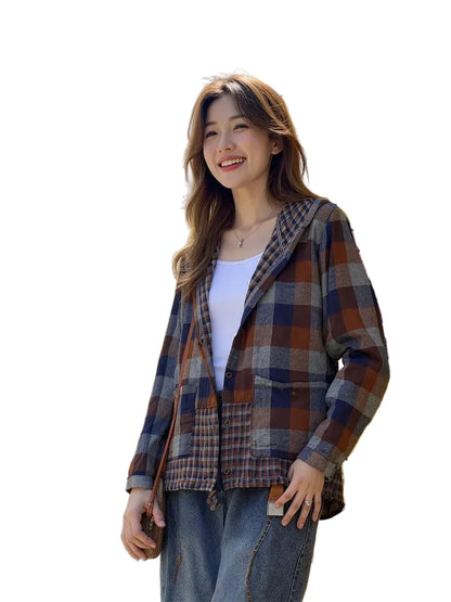 🍒格子口袋连帽外套上衣衬衫格子衫春夏时尚休闲女装格子服装户外风格俏皮别致格子