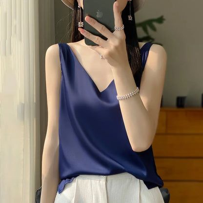 🍒Women's silky tank top camisole for summer beautiful satin loose v-neck vest sleeveless tops
