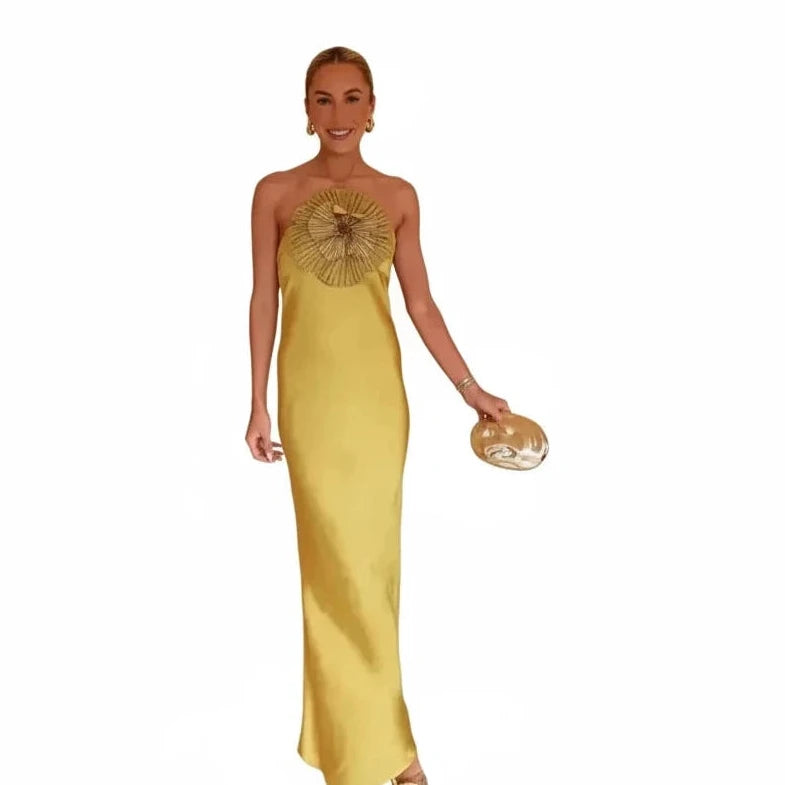 🍒Party dress for women gold outfit for ladies with 3D flower Halter sleeveless backles maxi satin occasion wear evening wear for holiday italian made feminine dresses for summer chic fashion Fem Fleur Fashion