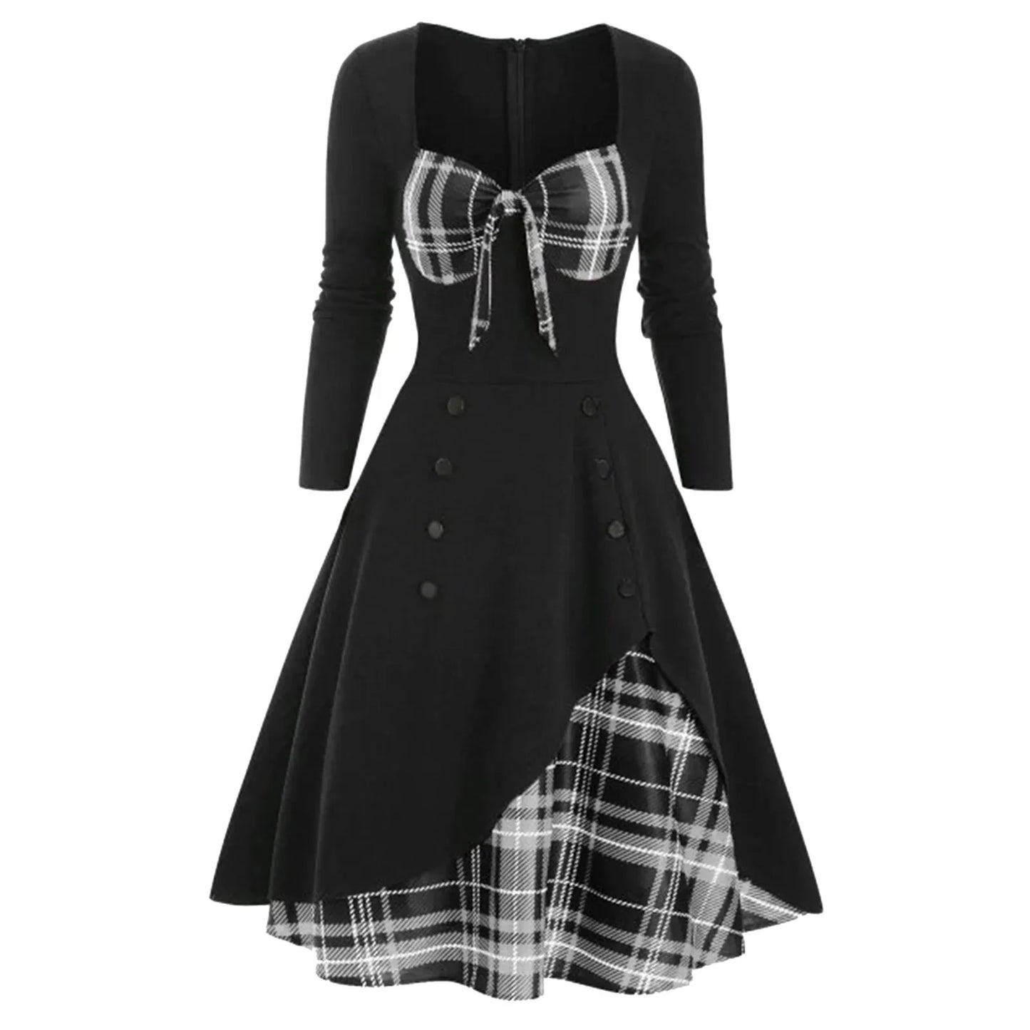 🍒chequered patchwork dress plaid long sleeve a-line midi wrapped Knot Irregular outfit high waist vintage style button down smart casual wear women Check Mate