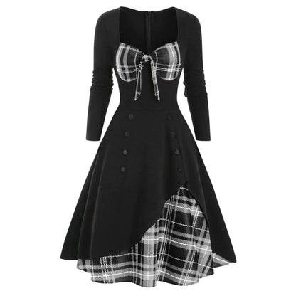 🍒chequered patchwork dress plaid long sleeve a-line midi wrapped Knot Irregular outfit high waist vintage style button down smart casual wear women Check Mate