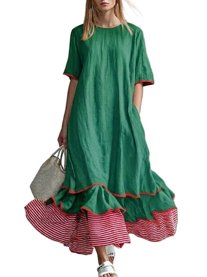 🍒Dress maxi summer with patchwork contrasting colours casual loose outfits for women fashion comfortable simple and versatile Fluttering flattering Fun
