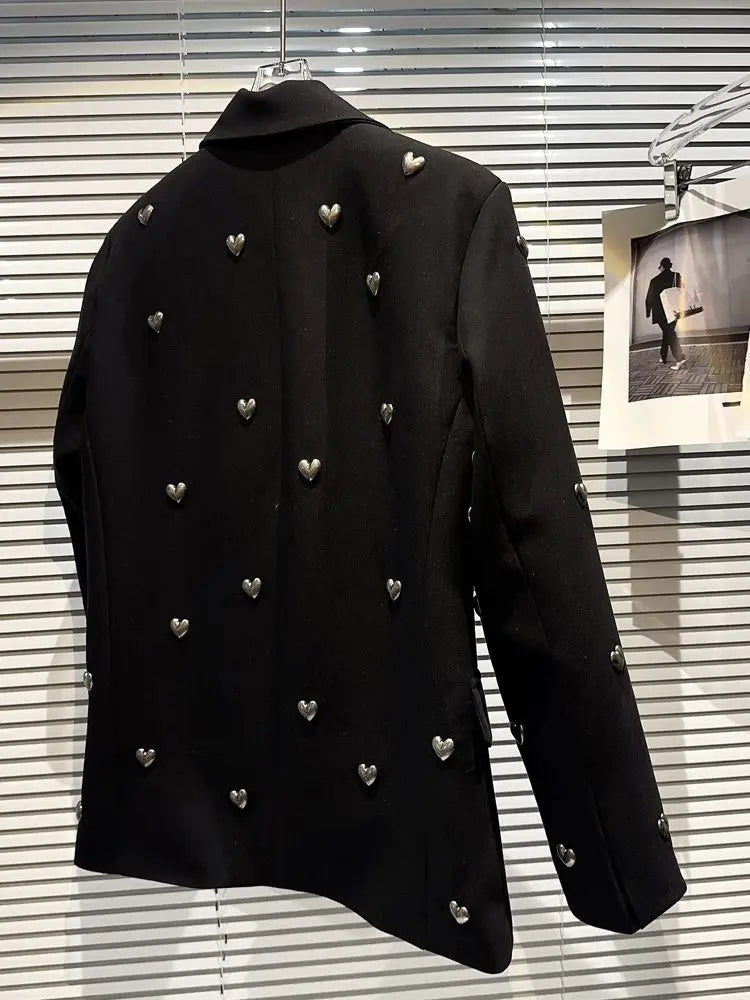 🍒Fashion lapel jacket metal hearts detail lapels blazer for women smart casual ladies office wear suit coat cool party wear occasion jacket Be A Boss GIrl And Wear Your Heart On Your Sleeve
