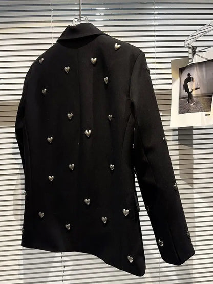 🍒Fashion lapel jacket metal hearts detail lapels blazer for women smart casual ladies office wear suit coat cool party wear occasion jacket Be A Boss GIrl And Wear Your Heart On Your Sleeve