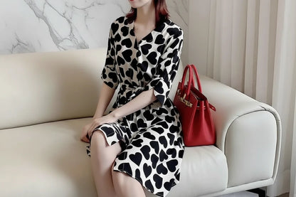 🍒Elegant love heart printied belt dresses summer short puff sleeve outfit v-neck midi dress black and white fashion wear women's clothing with three quarter sleeves You Will LOVE This HEART