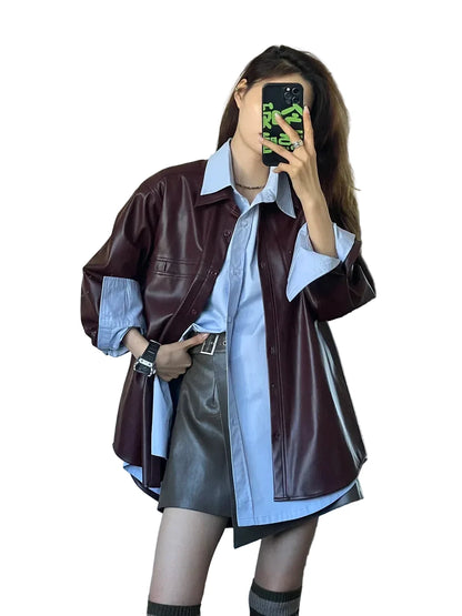 🍒Shirt style jackets faux leather womens oversized outerwear solid single breasted spring/autumn stylish vintage turn-down collar windbreak casual coats chic female clothing     Luvly Lazy-Like Leather Look