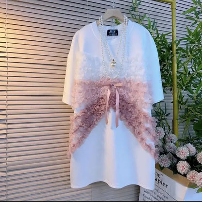 🍒Mesh lace ruffle tee shirt women 3d bow loose summer wear tops for girls mid length ruched chiffon t-shirt short sleeve  Perfect Partying Pink