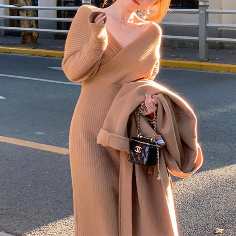 🍒V-nek gebreide rok kruis-oor elastiese middel vlermuismou uitrusting skraal pasvorm elegante herfs winter mode slim gemaklike drag vroue Spring In Breiwerk