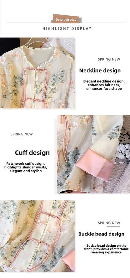 🍒Shirt jacket for women Light outer for women chinese style jacket chiffon embroidery Jacquard tie light cover up sunscreen cardigan Summer beach coverup for occasion and casual coverup See Through The Day