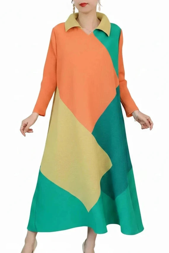 🍒Pleated dress long sleeves colour block outfit midi womens summer loose fashion autumn Clothes smart casual wear Diamond Dress