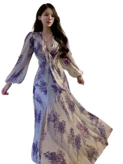 🍒Floral print sweet dresses Y2k aesthetic v-neck bodycon with puff sleeves a-line dress with front slit purple
