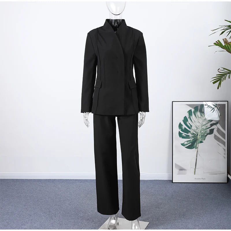 🍒Casual black blazer and pants set long sleeve jacket with fitted waist and long kick flare solid straight pant set women spring autumn suits  ‘Well fit
