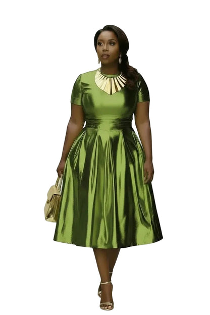 🍒A-lyn blink rok metaal kortmou midi vir vroue plusgrootte uitrusting met pasvorm en wye soom elastiese rok slim gemaklike klere Somer Stunner