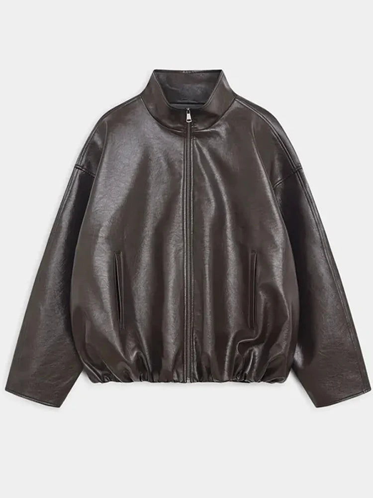 🍒Leather fashion jackets women skirt sets zipper loose coat wth stand up collar and straight midi skirt chic autumn party wear occasion wear smart casual clothing for women They Will Envy Your Leather