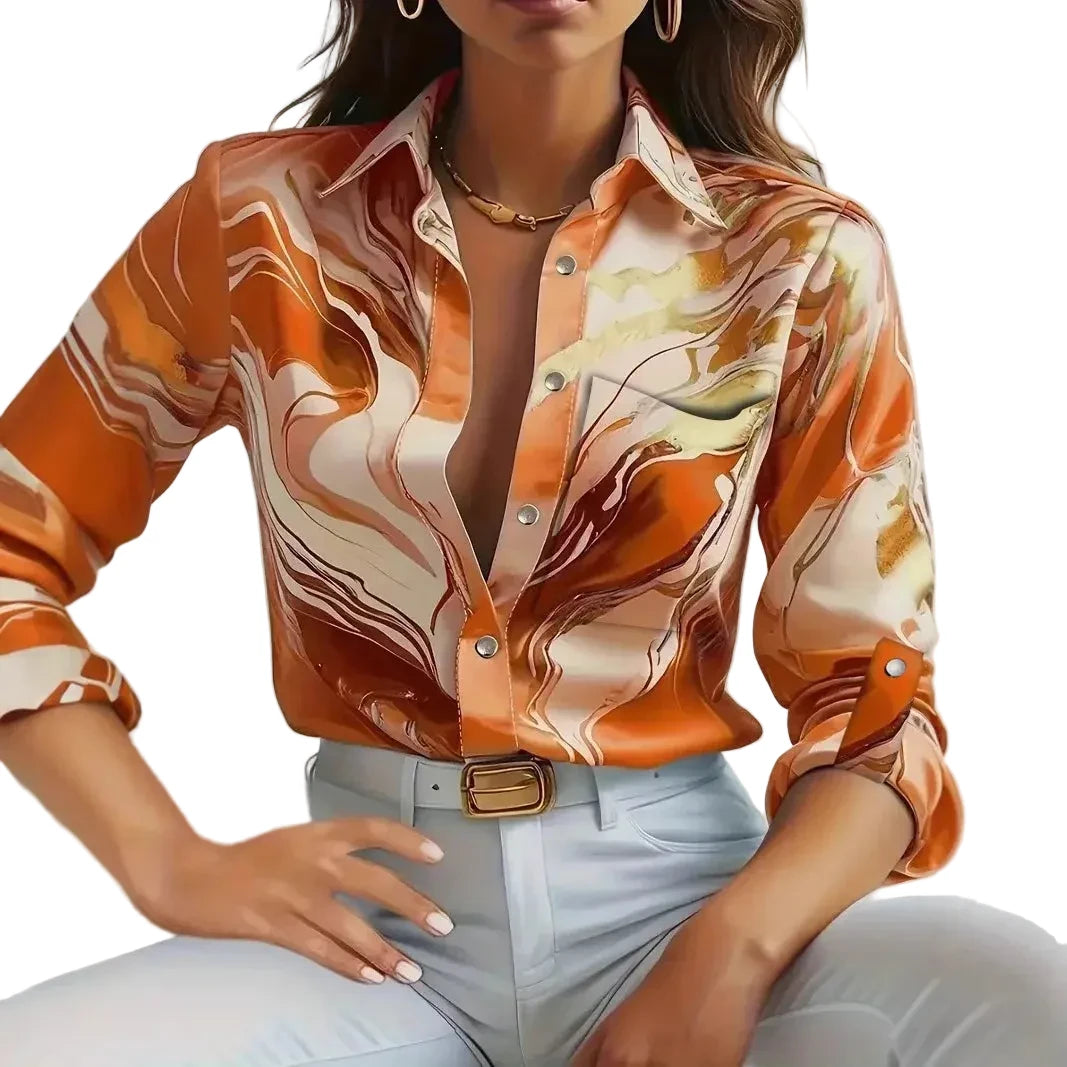 🍒Office blouses for women smart casual spring autumn fashion female business casual fashion colourful print clothing elegant loose long sleeve button shirt Look Marvelous Marble