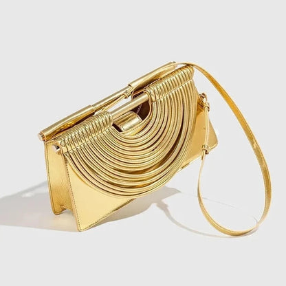 🍒Handwoven style Women's gold crossbody bag clutch handle occasion handbags smart casual strands pu material soft Texture triangle shape shoulder bag Strands Of Style