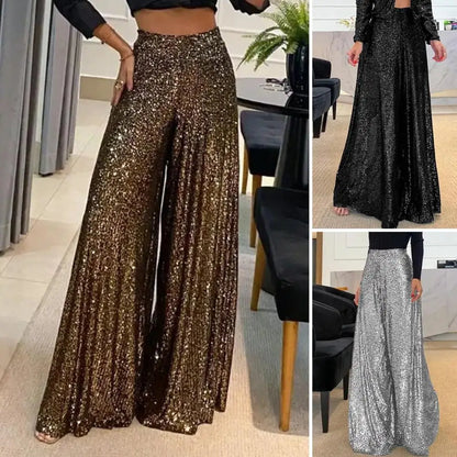 🍒High waist elastic wide leg  pants full length womens pants for night club with sequins Loose occasion party weat They Will Take A ComPLETEly WIDE Birth To Appreciate This